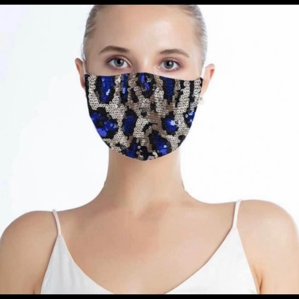 Blue & Silver Leopard Print Sequin Statement Sparkle Bling Festival Face Mask